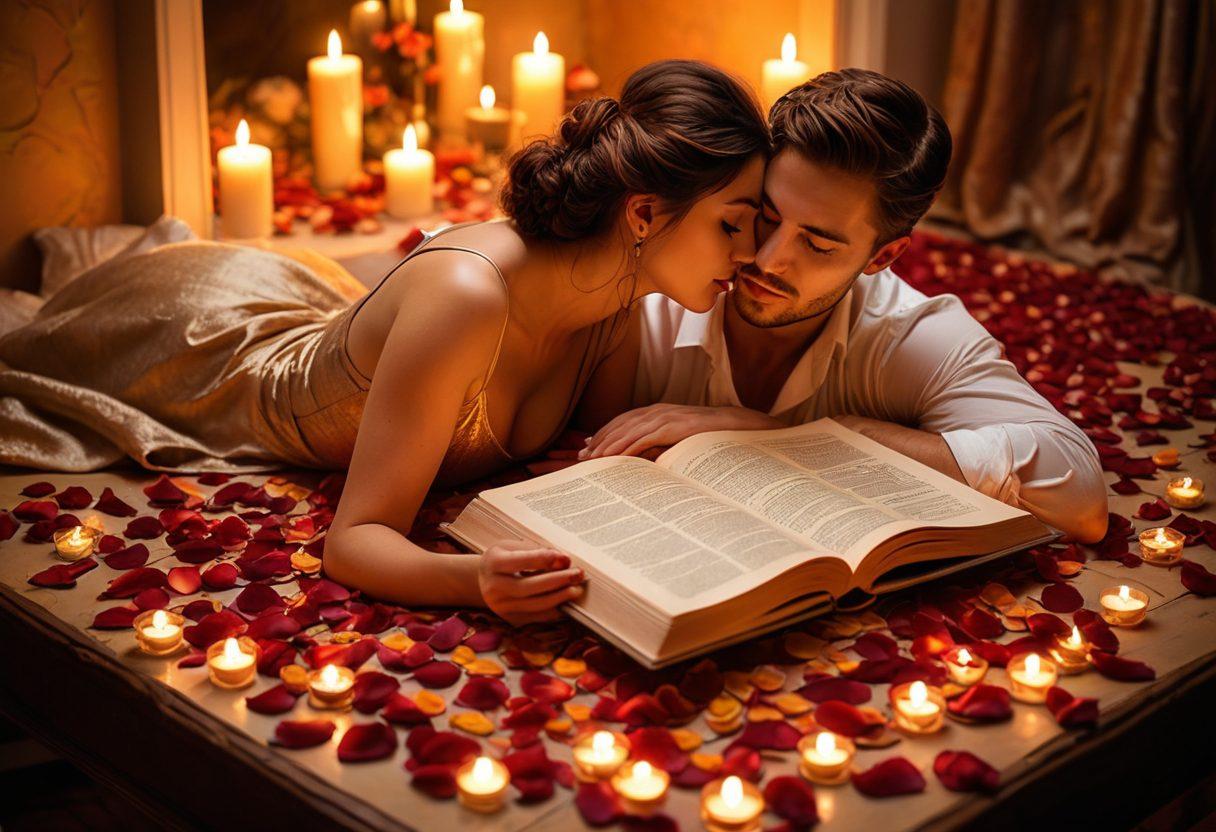 A passionate couple entwined in an intimate embrace, surrounded by soft, warm candlelight and rose petals. Their expressions should convey deep emotion and connection, with ethereal light softly illuminating their features. Include subtle elements like an open book of love stories in the background, suggesting exploration and romance. The color palette should be rich and warm, with deep reds and golds to evoke a sense of intimacy. painting. vibrant colors. soft focus.