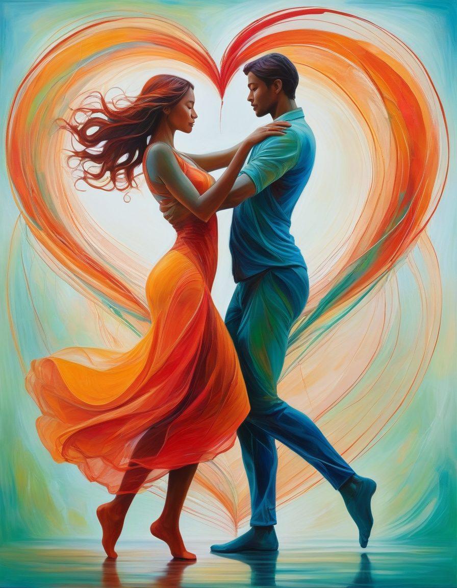 A vibrant, abstract representation of two figures in a dance, symbolizing the journey from flirting to deep connection. One figure is surrounded by warm, glowing colors, while the other is shaded in cooler tones, representing balance and harmony. Soft heart shapes and intertwined lines illustrate passion and intimacy in relationships. The background has a dreamy, swirling effect to evoke emotion and excitement. vibrant colors. abstract art.